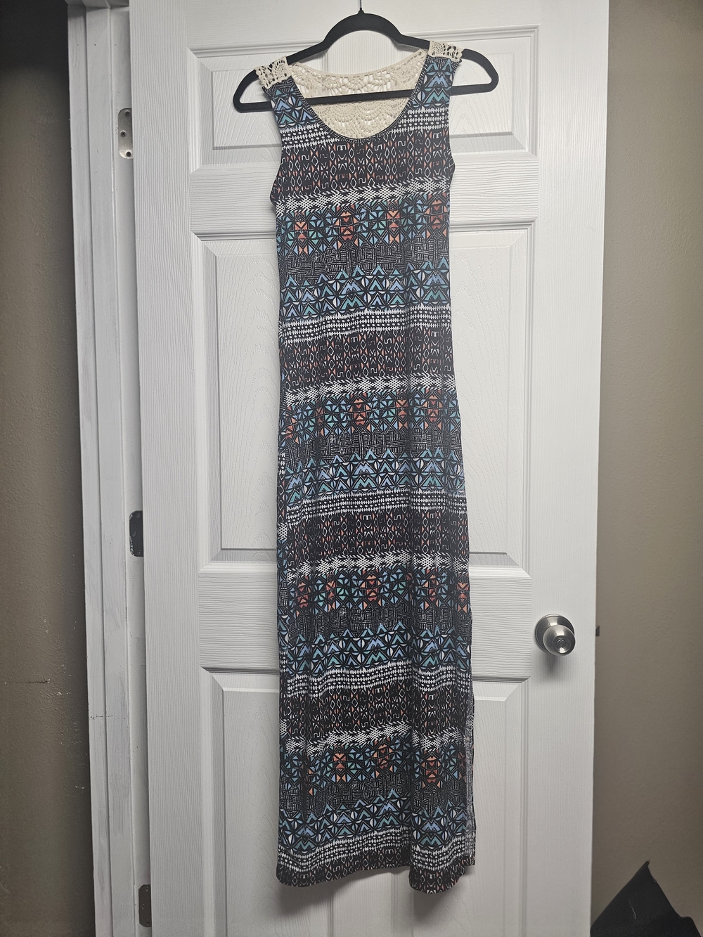 Rue21 Black Maxi Dress with Blue and Coral Geometric Print